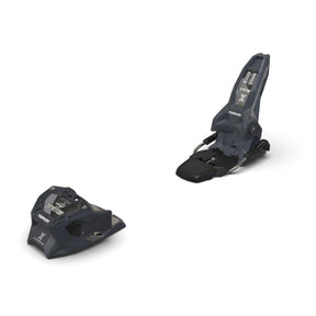 Pair of black ski bindings on a white background