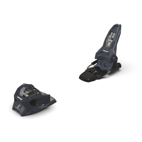 Pair of black ski bindings on a white background