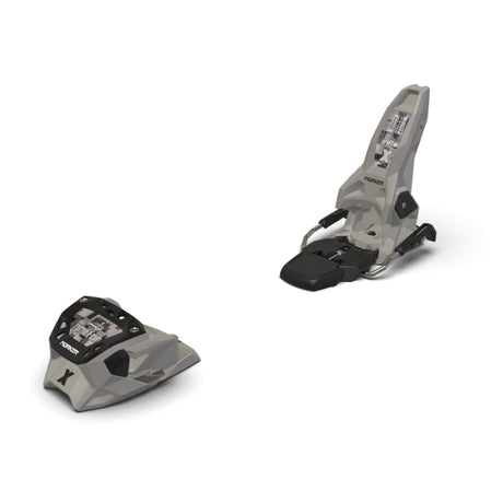 Pair of Tan ski bindings on a white background