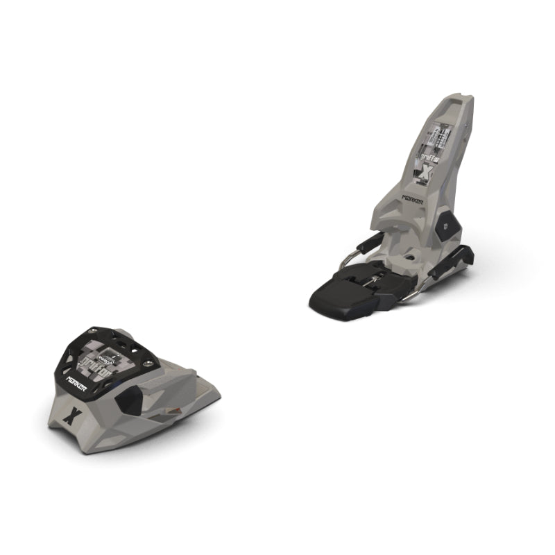 Tan ski bindings on a white background