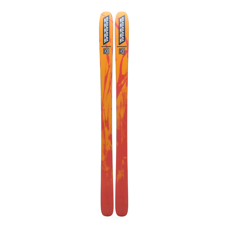 Orange and red skis with k2 branding on a white background
