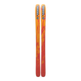 Orange and red skis with k2 branding on a white background