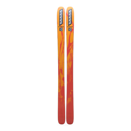 Orange and red skis with k2 branding on a white background