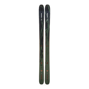 Two skis with a green and black design on a white background