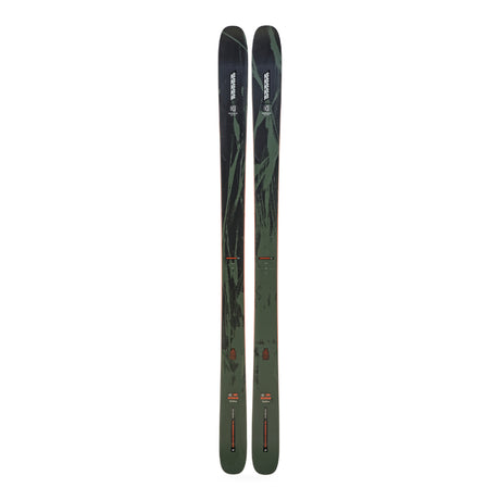 Two skis with a green and black design on a white background