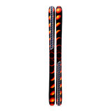 Black and orange skis with a pattern on a white background with k2 branding