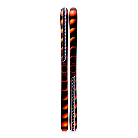 Black and orange skis with a pattern on a white background with k2 branding