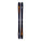 Two black skis with orange and white designs on a white background