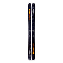 Two black skis with orange and white designs on a white background