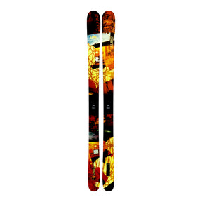 Colorful skis with a vibrant design on a white background