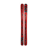 Red and black skis with barbed wire design on a white background