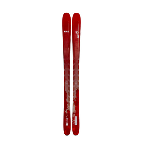 Red skis with line branding on a white background