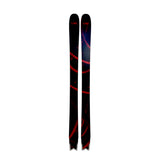 Two skis with a black and red design on a white background