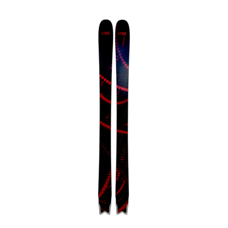 Two skis with a black and red design on a white background