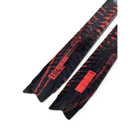 Black and red patterned ski with visible line branding on a white background