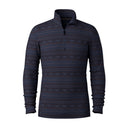 A men's long-sleeve quarter-zip pullover sweater in dark navy blue with a subtle geometric pattern, shown on a plain white background.