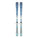 Pair of blue skis with bindings on a light background