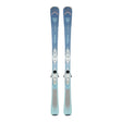 Pair of blue skis with bindings on a light background