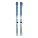 Pair of blue skis with bindings on a light background