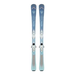 Pair of blue skis with bindings on a light background