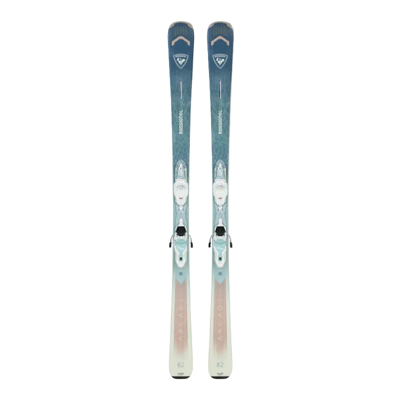 Pair of skis with bindings on a white background