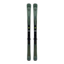Pair of green skis with bindings on a light gray background