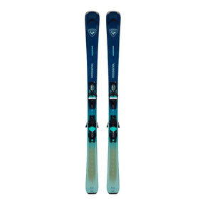 Blue skis with bindings on a white background