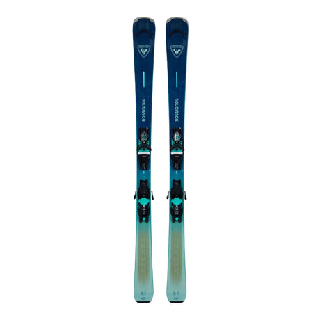 Blue skis with bindings on a white background