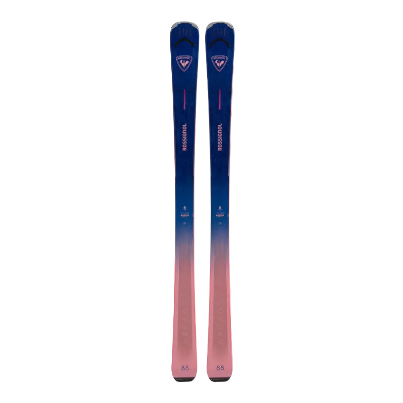 Blue and pink skis with a gradient design on a white background