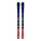 Pair of blue and pink skis with bindings on a white background