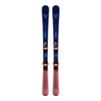 Pair of blue and pink skis with bindings on a white background