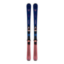 Pair of blue and pink skis with bindings on a white background