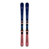 Pair of blue and pink skis with bindings on a white background
