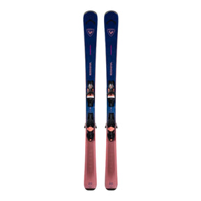 Pair of blue and pink skis with bindings on a white background