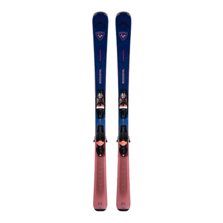 Pair of blue and pink skis with bindings on a white background