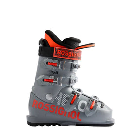 Gray Rossignol ski boot with red accents on a white background