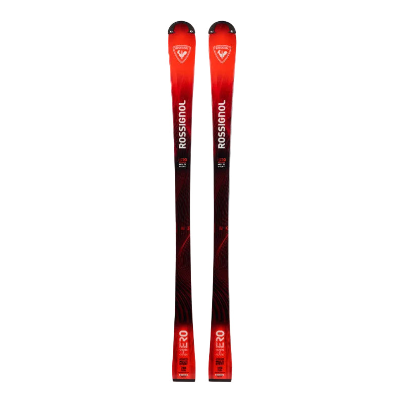 Red and black Rossignol ski on a white background