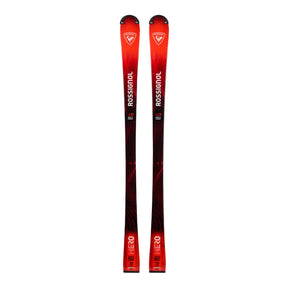 Red and black Rossignol ski on a white background