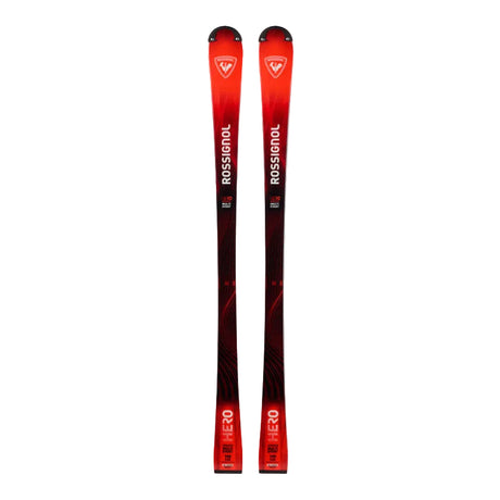 Red and black Rossignol ski on a white background