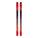 Red and black skis with a brand logo on a light background