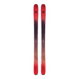 Red and black skis with a brand logo on a light background