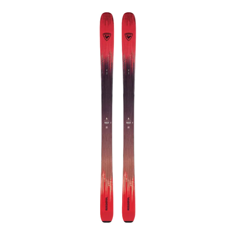 Red and black skis with a brand logo on a light background