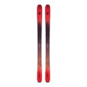 Red and black skis with a brand logo on a light background