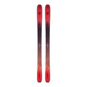 Red and black skis with a brand logo on a light background