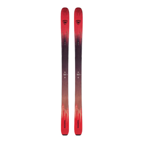 Red and black skis with a brand logo on a light background