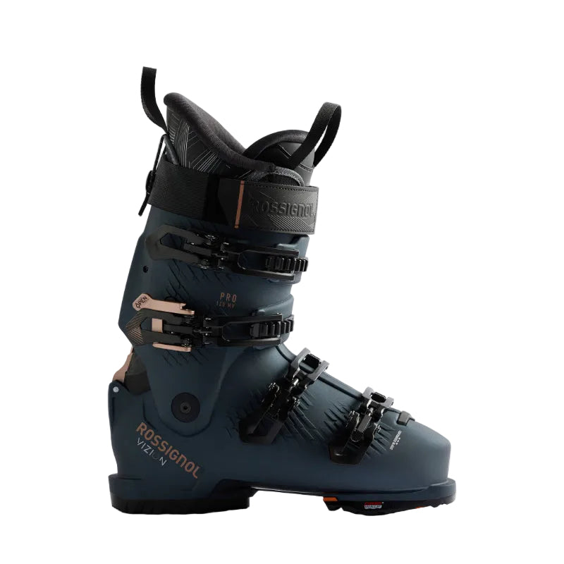 Blue ski boot with black straps on a white background