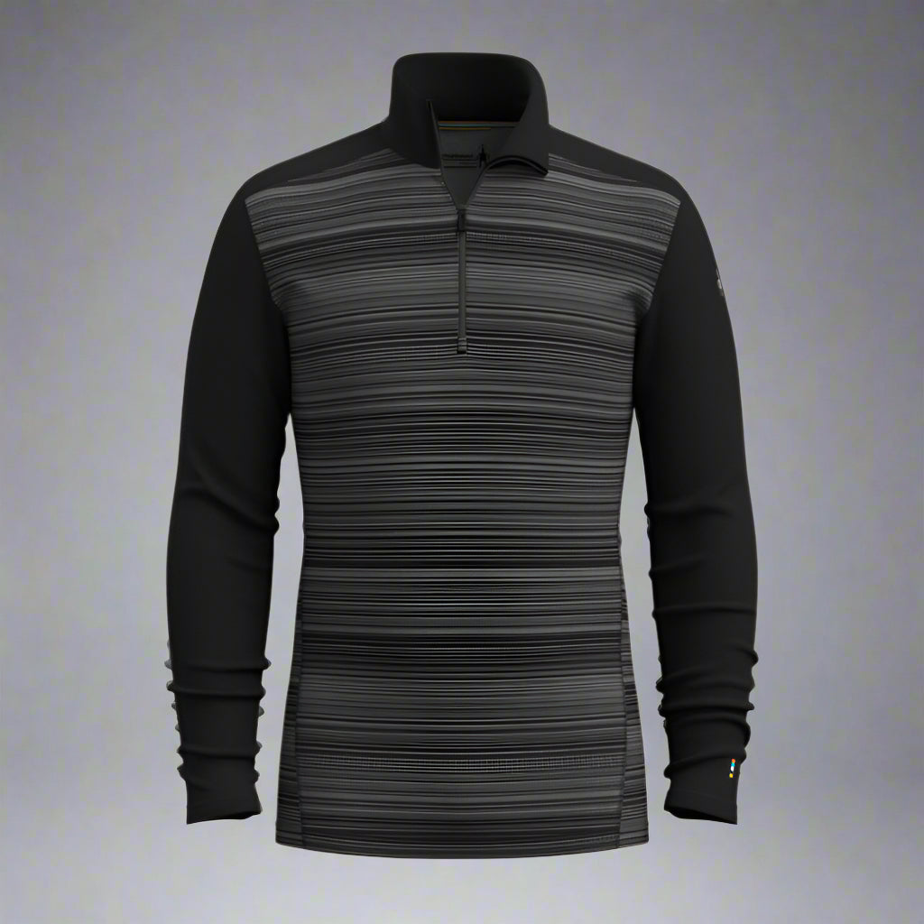 Black and gray striped long-sleeve shirt on a grey background