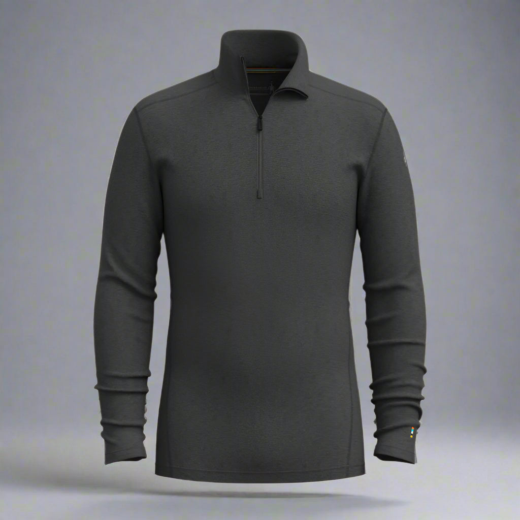 Dark gray long-sleeve shirt with a quarter-zip design on a grey background