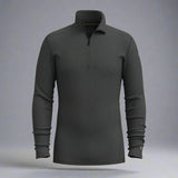 Dark gray long-sleeve shirt with a quarter-zip design on a grey background