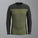 Long-sleeve shirt with black and green color block design on a grey background